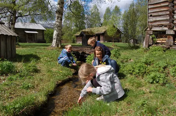 bilde av bekken som renner gjennom tunet. Langs bekken sitter det flere barn og leker og studerer bekken.