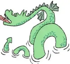 Sjøormen i Mjøsa tegnet med grønn fargeblyant. Lang, rød tunge stikker ut av gapet på den buktende ormen.