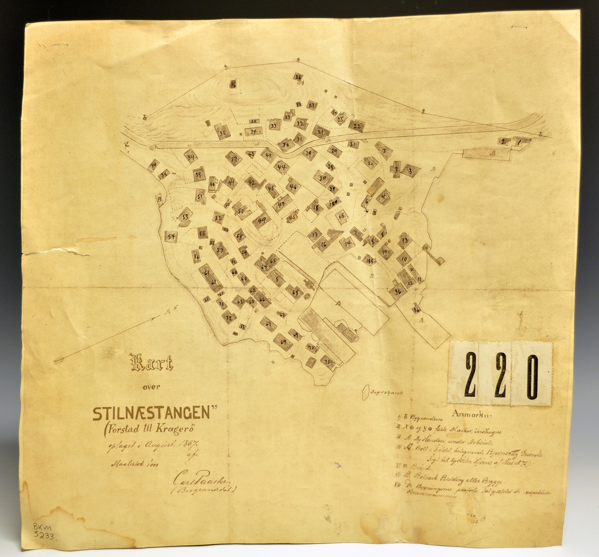 Kopi av kart over Stilnestangen, forstad til Kragerø, Carl Paaske 1867. Målestokk 1/1000.