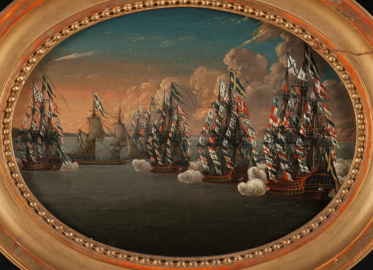 "Hennes Kongl. Maj:ts Sveriges Rikes Drottning Frederika Dorothea Wilh. höga ankomst den 9 Oct. 1797 till den för Hennes Kongl Maj:ts överförande till Carlskrona utrustade Örlogs Escadre, för ankar vid Öen Rugen under Perth."