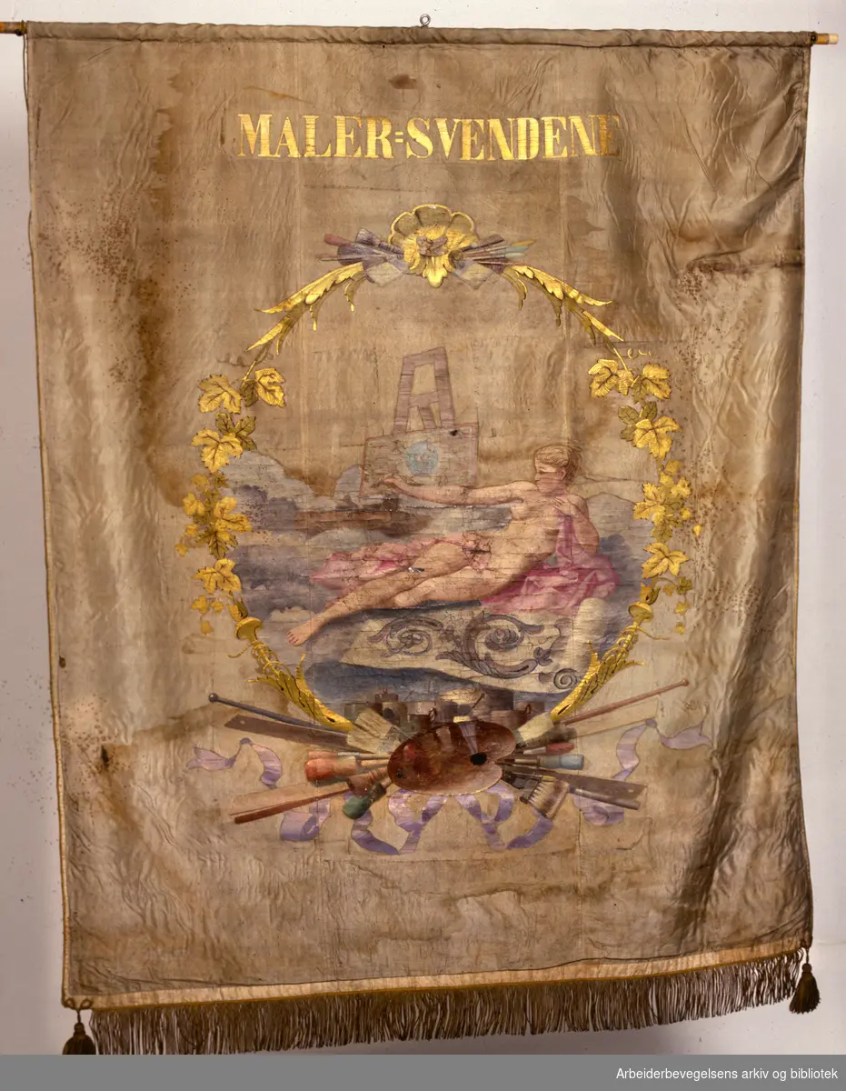Malersvennenes forening, Oslo.Kristiania malersvendenes forening.Stiftet 29. november 1884..Forside..Fanetekst: Maler-svendene.