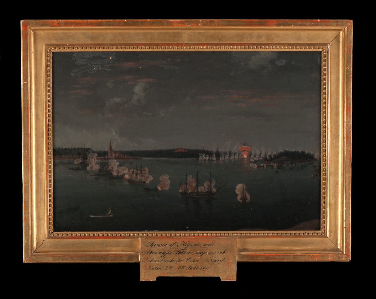 "Prinsen af Nassau med Petersbourgska Flottan angriper och drifver Svenska Förposten vid Koijvisto, natten 2-3:e Juli 1790".

Ram: Förgylld