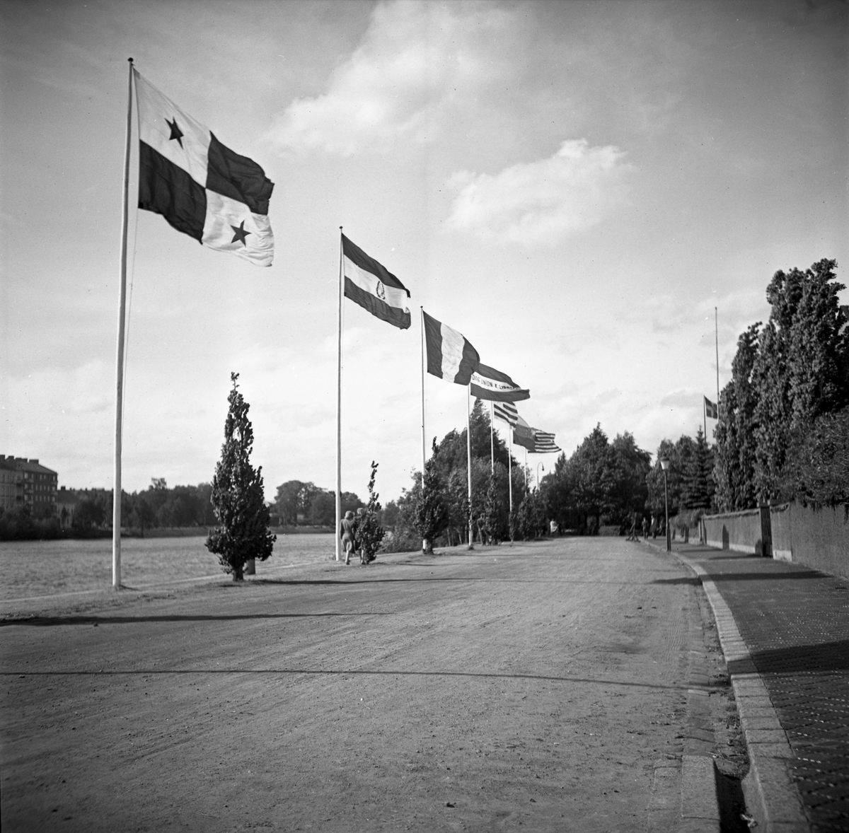 Flaggparad i stråket till museet i samband med öppningen av den Ibero-Amerikanska arkitekturutställningen sommaren 1946.