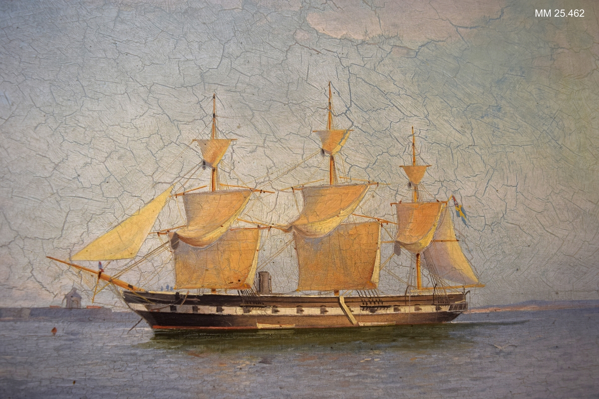 Ångfregatten Vanadis till ankars i Göta Älv vid Nya Älvsborgs fästning.