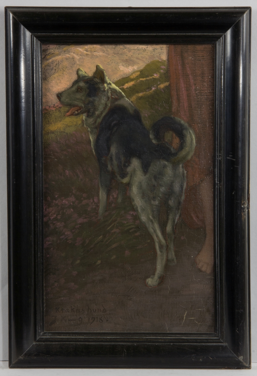 Porträtt av hund i helfigur, Krakas hund, sedd snett bakifrån med öppen mun. Till höger en fot och del av en klänning.