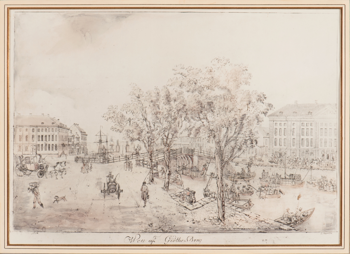 Vy av (Lilla torget) (Stora Hamnkanalen) Stora Hamnen vid kämpebron med Ostindiska kompaniets hus till höger, Landshövdingeresidenset och Landsstadshuset till vänster i bild.
