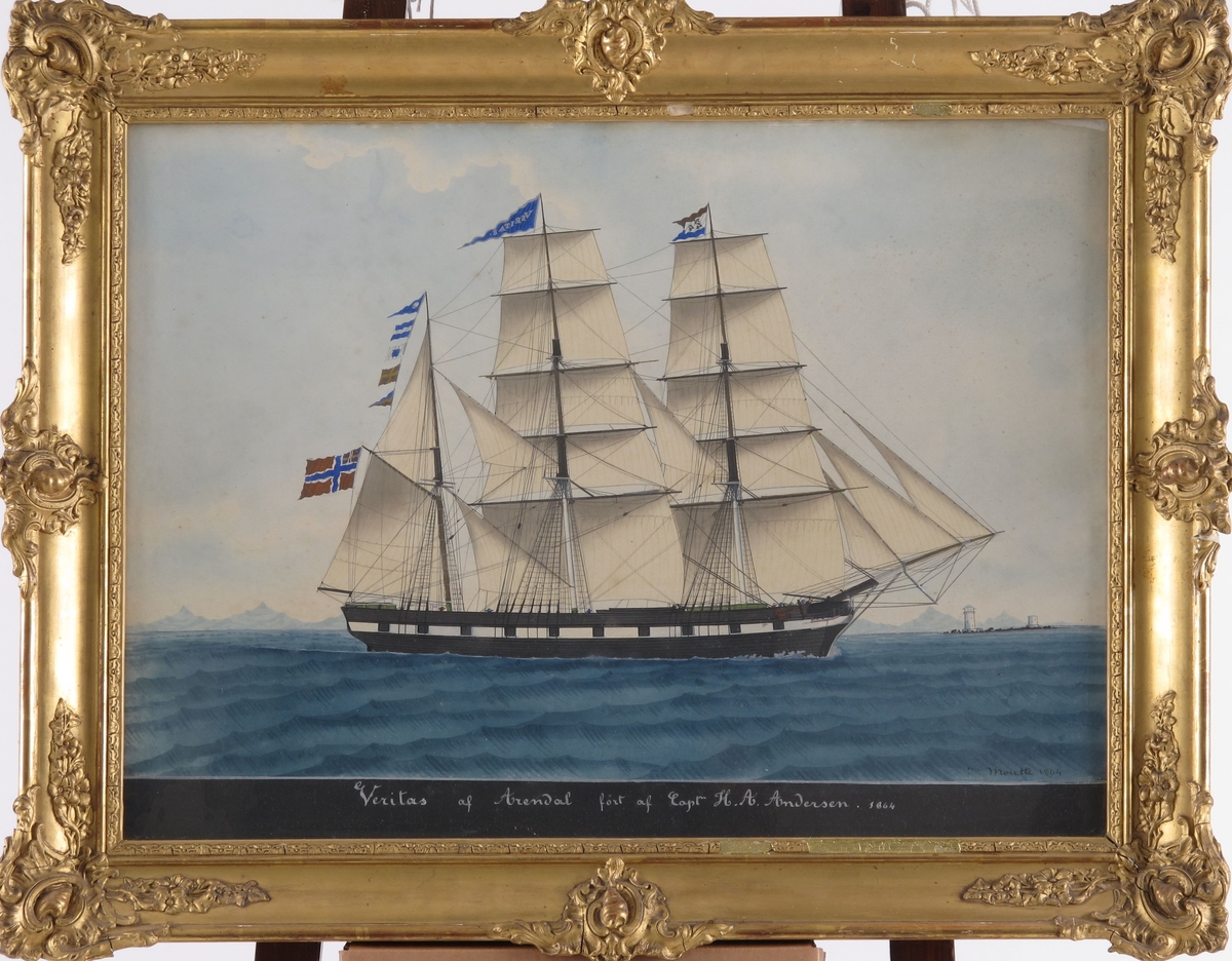 Bark Veritas af Arendal, ført av Capt. H. A. Andersen. For fulle seil mot høyre, unionsflagg  under gaffelen blå vimpel m. "Veritas" i hvitt, blått, rødt flagg m. N. 44  i hvitt felt. Sign. n. t. h. Tekst i marg under bildet.