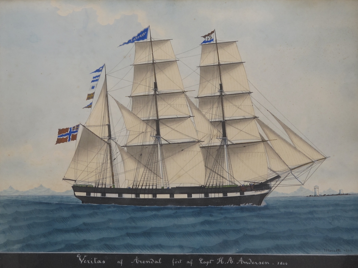 Bark Veritas af Arendal, ført av Capt. H. A. Andersen. For fulle seil mot høyre, unionsflagg  under gaffelen blå vimpel m. "Veritas" i hvitt, blått, rødt flagg m. N. 44  i hvitt felt. Sign. n. t. h. Tekst i marg under bildet.