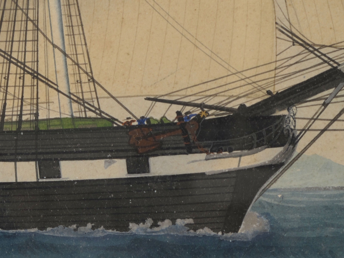 Bark Veritas af Arendal, ført av Capt. H. A. Andersen. For fulle seil mot høyre, unionsflagg  under gaffelen blå vimpel m. "Veritas" i hvitt, blått, rødt flagg m. N. 44  i hvitt felt. Sign. n. t. h. Tekst i marg under bildet.