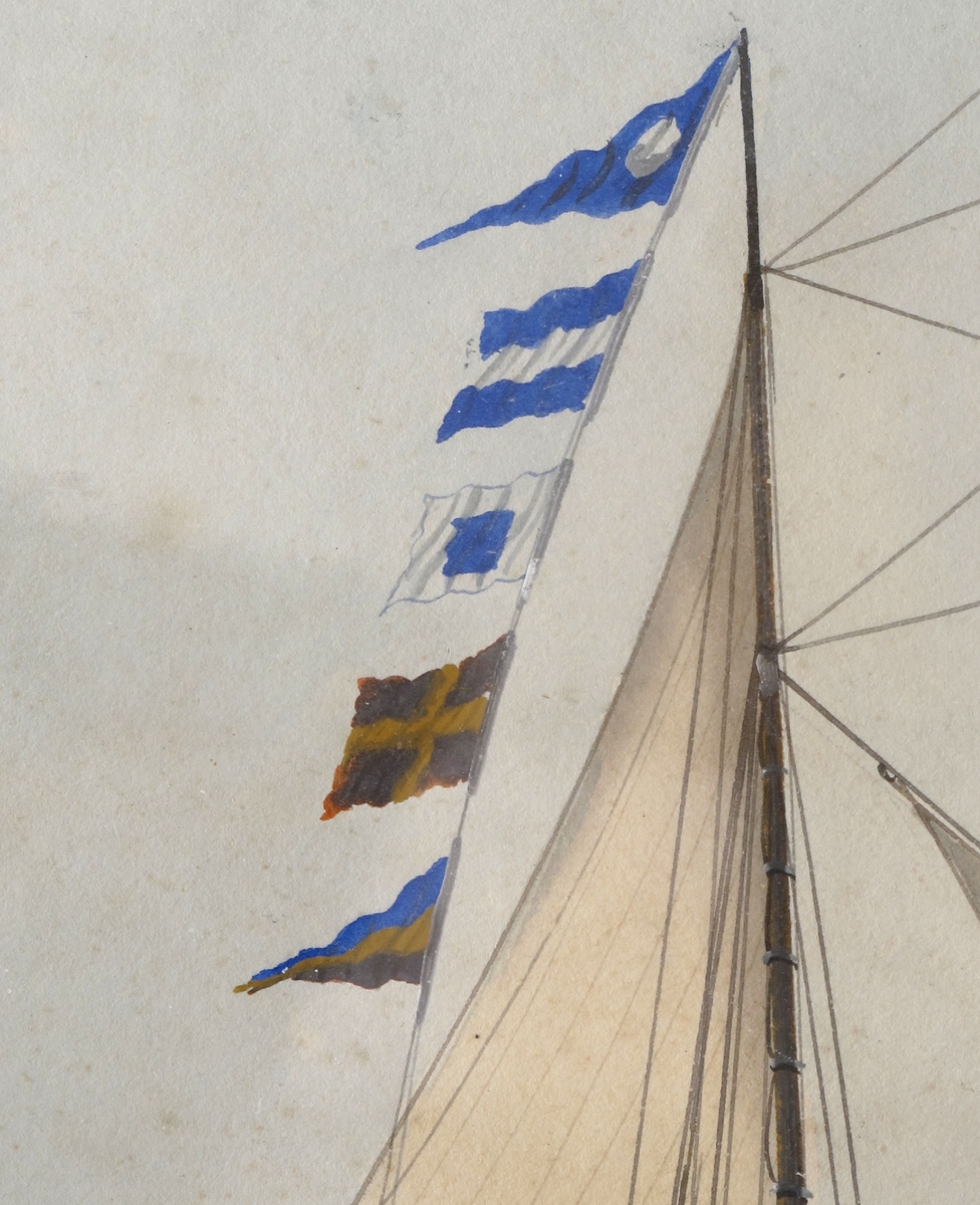 Bark Veritas af Arendal, ført av Capt. H. A. Andersen. For fulle seil mot høyre, unionsflagg  under gaffelen blå vimpel m. "Veritas" i hvitt, blått, rødt flagg m. N. 44  i hvitt felt. Sign. n. t. h. Tekst i marg under bildet.