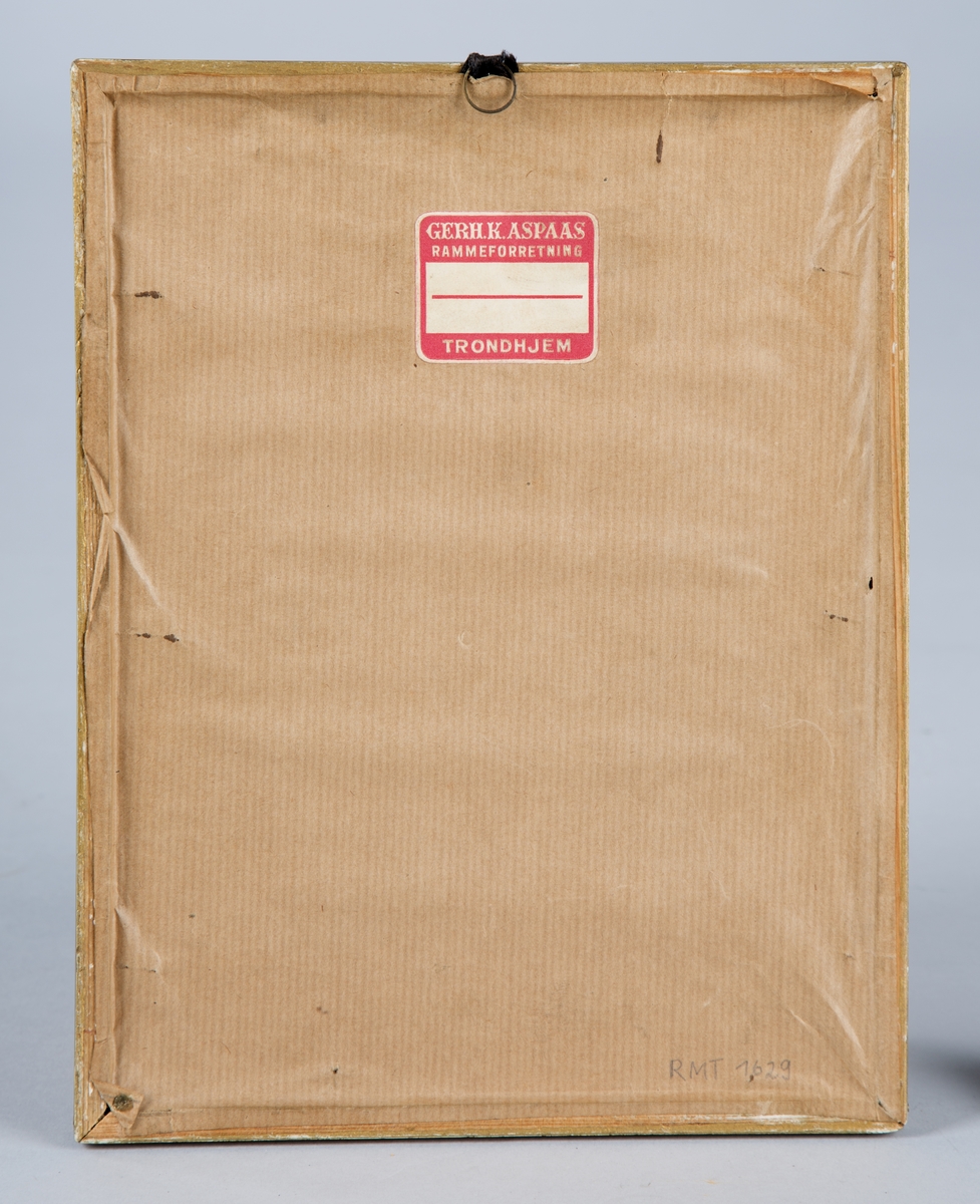 Svart-hvitt fotografi satt i glass og ramme. Rammen har relieffmønster og er forgylt.