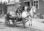 Bryggarhäst som levererar dricka i tunnor från Wilanders bryggeri på Kvistholmen. Mannen till vänster kan vara Per Olof Sahlin, som var utkörare på bryggeriet. På husets fasad står Matservering, oläsbart ord och Rum för resande.