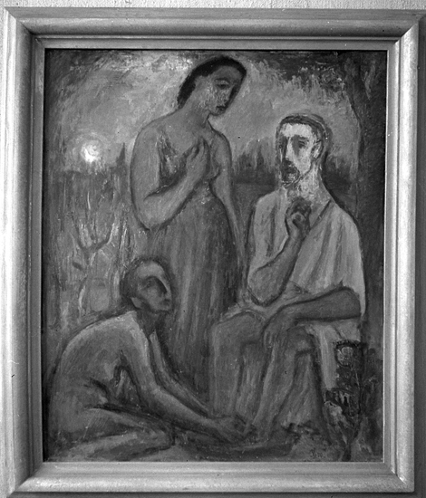 En tavla föreställande en sittande man (Jesus ?) med två kvinnor.
Utställning, Börje Såndberg.