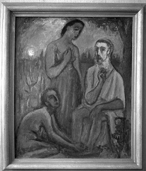 En tavla föreställande en sittande man (Jesus ?) med två kvinnor.
Utställning, Börje Såndberg.