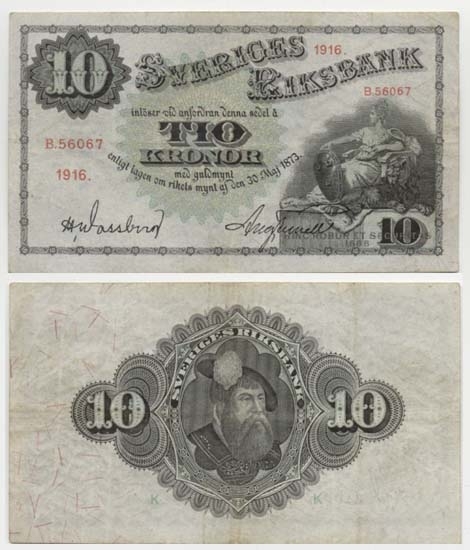 10 kronor 1916.
Littbokstav/nr: B,56067.
Sedeltyp: Sittande Svea.
Konstnär: Jakob Bagge.
Litteratur: Sveriges sedlar sid 92 nr 152.
Funktion: Betalningsmedel