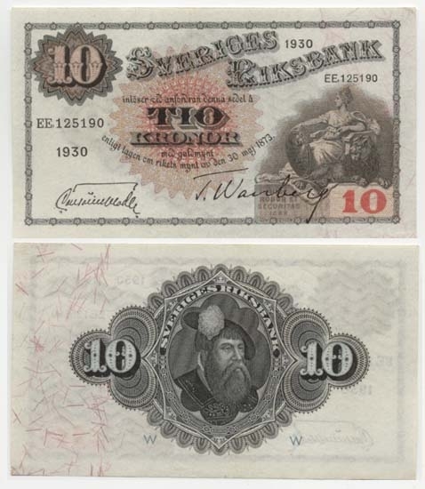 10 kronor 1930.
Littbokstav/nr: EE,125190.
Sedeltyp: Sittande Svea.
Konstnär: Jakob Bagge.
Sedeln är ovikt.
Litteratur: Sveriges sedlar sid 92 nr 166.
Funktion: Betalningsmedel