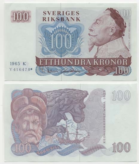 100 kronor 1965.
Littbokstav/nr: K Y 416478*.
Sedeltyp: Gustav II Adolf.
Konstnär: Erik Palmqvist.
Sedelfakta: Ny sedeltyp från och med 1965.
Stjärnmärkt sedel.
Litteratur:Sveriges sedlar sid 107 nr 2.
Funktion: Betalningsmedel