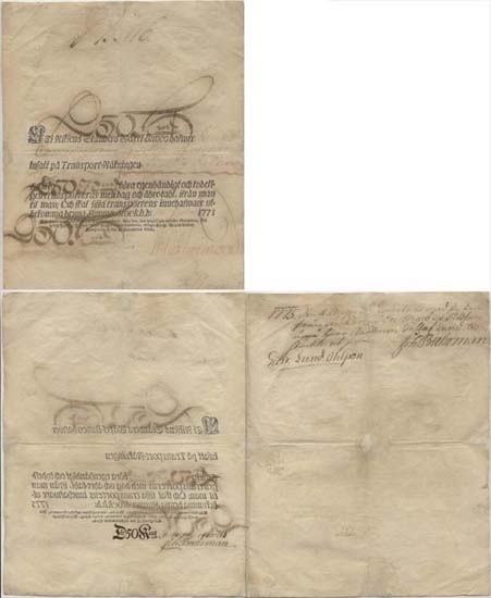 Transportsedel på begärd valör, 50 daler kopparmynt 1775.
Littbokstav/nr: 35116
Sedelfakta/kommentar: Valörangivelse även på finska.
På dubbla blad. Sedlar på 50 daler kopparmynt och högre skulle skriftligen
överlåtas från en innehavare till en annan.
En mycket sällsynt sedel.
Övrigt: Litteratur: Sveriges sedlar sid 29.
Funktion: Betalningsmedel