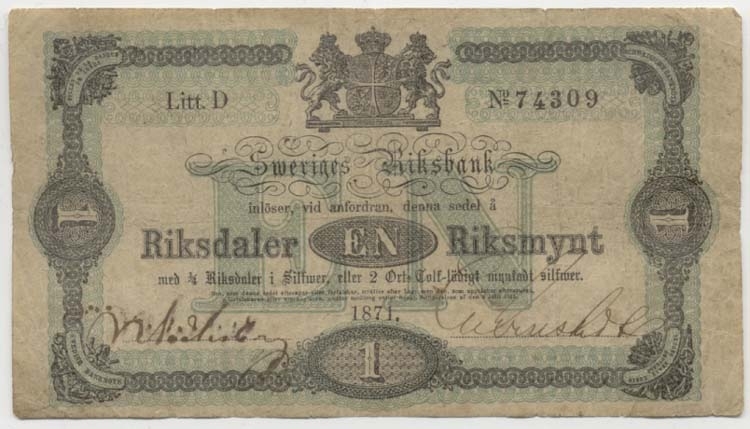 1 riksdaler riksmynt 1871.
Sedeltyp: Stora riksvapnet
Konstnär: Per-Olof Bagge
Littbokstav/nr: D 74309
Sedelfakta/kommentar: Riksmyntsedel, decimalsystem.
1rdr rmt = 100 öre.
Övrigt: Litteratur: Sveriges sedlar sid 72 nr 15.
Funktion: Betalningsmedel