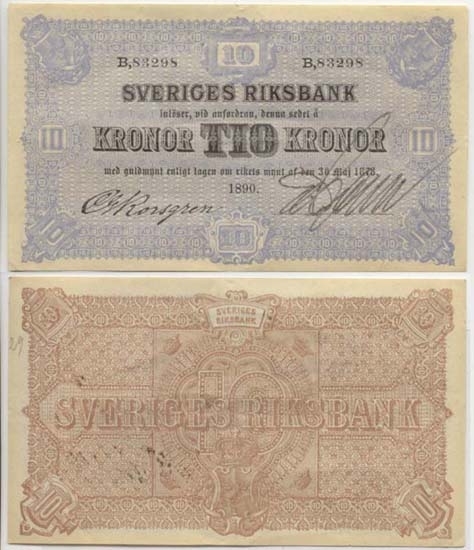 10 kronor 1890.
Littbokstav/nr: B, 83298.
Sedeltyp: Lilla riksvapnet.
Konstnär: F W Scholander.
Övrigt: Litteratur: Sveriges sedlar sid 90 nr: 126.
Funktion: Betalningsmedel