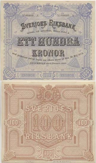 100 kronor 1880.
Littbokstav/nr: A, 000000.
Sedeltyp: Lilla riksvapnet.
Konstnär: F W Scholander.
En mycket sällsynt provsedel.
Övrigt: Litteratur: Sveriges sedlar sid 103 nr: 301.
Funktion: Betalningsmedel