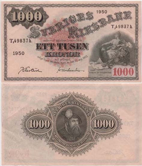1000 kronor 1950.
Littbokstav/nr: T, 49837 h.
Säkerhetsbokstav: h.
Sedeltyp: Sittande Svea.
Konstnär: Jacob Bagge.
Sista årtalet för denna sedeltyp i valören 1000 kronor.
Övrigt: Litteratur: Sveriges sedlar sid 111 nr 432.
Funktion: Betalningsmedel