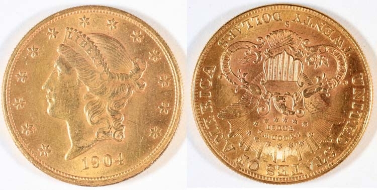 20 dollar USA 1904, falsk. 
Regent:
Motiv: Liberty head / örn med utslagna vingar.
Omskrift:
Gravör:
Myntmästare:
Konstnär:
Rand: Refflad.
Diameter: 34,5 mm.
Stämpelställning: 180 grader.
Myntfakta/Kommentar: Falsk ! För låg vikt! Rätt vikt = 33,43 gram. Myntet har en gång ingått i Hirsch mynth. förfalskningssamling. Troligen präglad med originalstamparna.
Proveniens:
Vikt: 31,82 gram.
Litteratur: