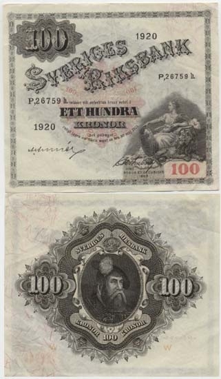 100 kronor 1920.
Littbokstav/nr: P,26759 h.
Sedeltyp: Sittande Svea.
Konstnär: Jacob Bagge.
Säkerhetsbokstav: h.
Ett ovanligt välbevarat exemplar av denne sedel.
Övrigt: Litteratur: Sveriges sedlar sid 105 nr 343.
Funktion: Betalningsmedel