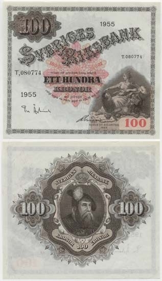 100 kronor 1955.
Littbokstav/nr:T,080774.
Sedeltyp: Sittande Svea.
Konstnär: Jacob Bagge.
Övrigt: Litteratur: Sveriges sedlar sid 105 nr 377.
Funktion: Betalningsmedel