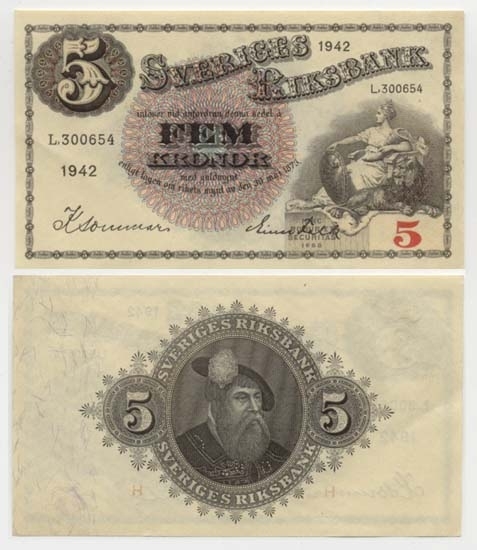 5 kronor 1942.
Littbokstav/nr: L,300654.
Sedeltyp: Sittande Svea.
Konstnär: Jakob Bagge.
Sedeln är ovikt.
Litteratur: Sveriges sedlar sid 85 nr 84.
Funktion: Betalningsmedel