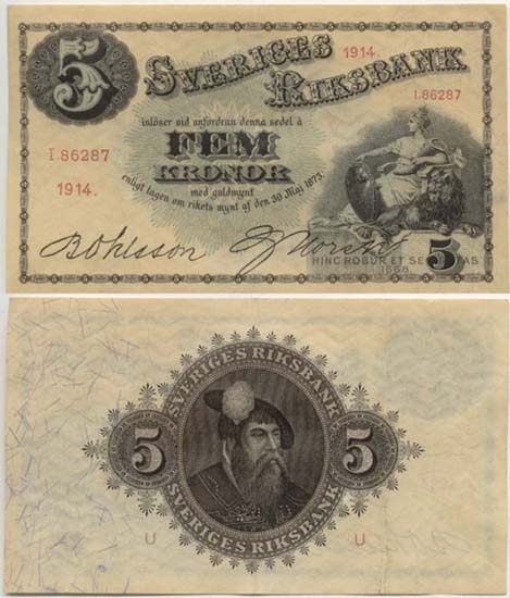 5 kronor 1914.
Littbokstav/nr: I,86287.
Sedeltyp: Sittande Svea.
Konstnär: Jakob Bagge.
Sedeln är ovikt.
Litteratur: Sveriges sedlar sid 85 nr 56.
Funktion: Betalningsmedel