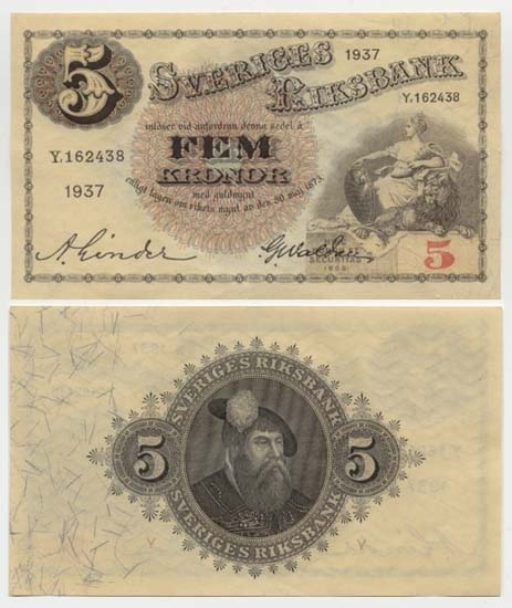 5 kronor 1937.
Littbokstav/nr: Y 162438.
Sedeltyp: Sittande Svea.
Konstnär: Jakob Bagge.
Sedeln är ovikt.
Litteratur: Sveriges sedlar sid 85 nr 79.
Funktion: Betalningsmedel