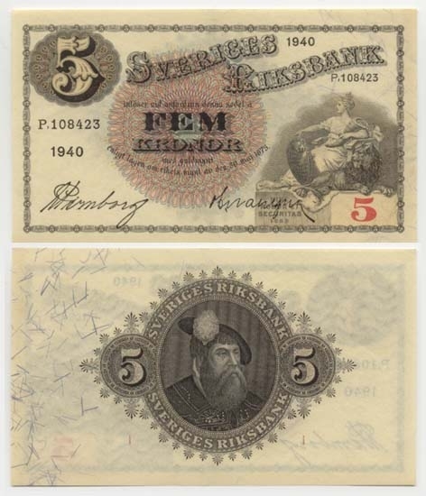 5 kronor 1940.
Littbokstav/nr: P,108423.
Sedeltyp: Sittande Svea.
Konstnär: Jakob Bagge.
Sedeln är ovikt.
Litteratur: Sveriges sedlar sid 85 nr 82.
Funktion: Betalningsmedel
