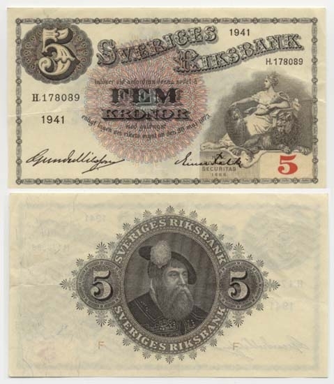 5 kronor 1941.
Littbokstav/nr: H,178089.
Sedeltyp: Sittande Svea.
Konstnär: Jakob Bagge.
Sedeln är ovikt.
Litteratur: Sveriges sedlar sid 85 nr 83.
Funktion: Betalningsmedel