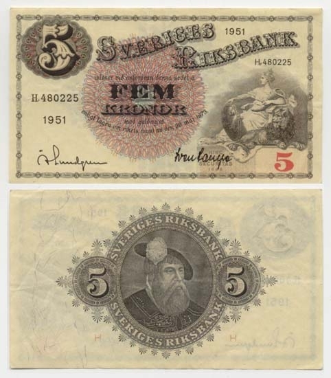 5 kronor 1951.
Littbokstav/nr: H,480225.
Sedeltyp: Sittande Svea.
Konstnär: Jakob Bagge.
Litteratur: Sveriges sedlar sid 85 nr 93.
Funktion: Betalningsmedel