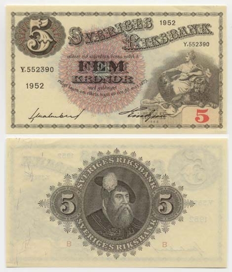 5 kronor 1952.
Littbokstav/nr: Y,552390.
Sedeltyp: Sittande Svea.
Konstnär: Jakob Bagge.
Sedeln är ovikt.
Litteratur: Sveriges sedlar sid 85 nr 94.
Funktion: Betalningsmedel