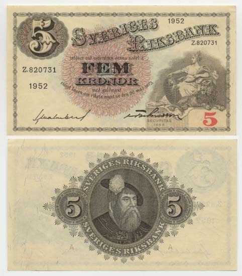 5 kronor 1952.
Littbokstav/nr: Z,820731.
Sedeltyp: Sittande Svea.
Konstnär: Jakob Bagge.
Sedeln är ovikt.
Litteratur: Sveriges sedlar sid 85 nr 94.
Funktion: Betalningsmedel