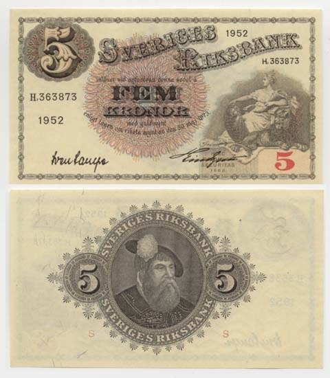 5 kronor 1952.
Littbokstav/nr: H,363873.
Sedeltyp: Sittande Svea.
Konstnär: Jakob Bagge.
Med bankokommisarie Torgny Lindgrens namnteckning.
Litteratur: Sveriges sedlar sid 85 nr 94.
Funktion: Betalningsmedel