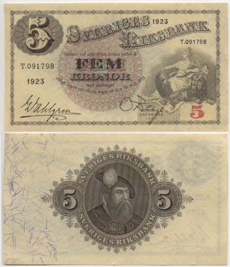 5 kronor 1923.
Littbokstav/nr: T,091798.
Sedeltyp: Sittande Svea.
Konstnär: Jakob Bagge.
Sedeln är ovikt.
Litteratur: Sveriges sedlar sid 85 nr 65.
Funktion: Betalningsmedel
