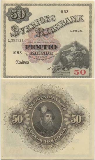 50 kronor 1953.
Littbokstav/nr: L,395921.
Sedeltyp: Sittande Svea.
Konstnär: Jakob Bagge.
Sedeln är ovikt.
Litteratur: Sveriges sedlar sid 100 nr 279.
Funktion: Betalningsmedel