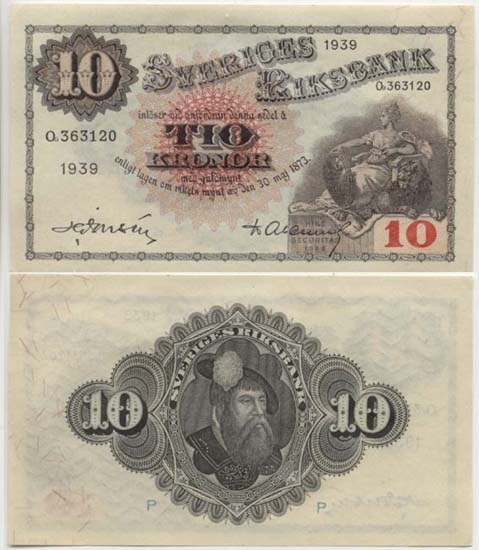 10 kronor 1939.
Littbokstav/nr: O,363120.
Sedeltyp: Sittande Svea.
Konstnär: Jakob Bagge.
Litteratur: Sveriges sedlar sid 92 nr 175.
Funktion: Betalningsmedel
