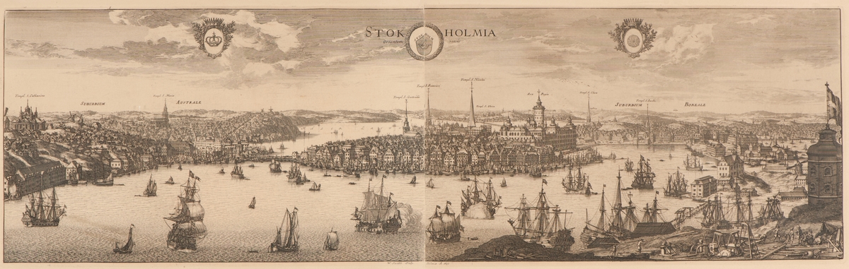 Vy över Stockholms ström, Södermalm, staden mellan broarna, Norrmalm och Skeppsholmen.