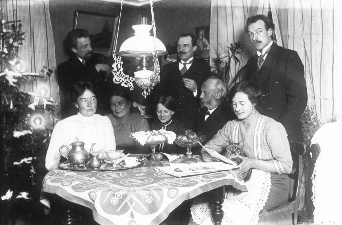 Jul i Målars. Sittande från vänster: Emmy Svensson, född Nilsson 1885, Helena Nilsson, Ebba Wikström (fosterbarn), Lars Nilsson, Elin Nilsson. Stående från vänster: David Svensson (Emmys make), Emil och Erhard Nilsson.