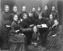 Klass 8, Högre Flickskolan. Våren 1887. Klassföreståndarinna Fröken Hanna Rehnström. Övre raden från vänster: Tekla Swedlund, Gerda F. Fanny Liljedahl, Sofia Holmdahl, Hulda Björkman, Alma Lindahl och Ingrid Wiklund. Sittandes från vänster Sigrid Paues, Olga Modin, Maria Åkerson, Gestna Blyckert, Helna Berndtsson och Ebba Reuterskiöld. På golvet Maria von Friesen.