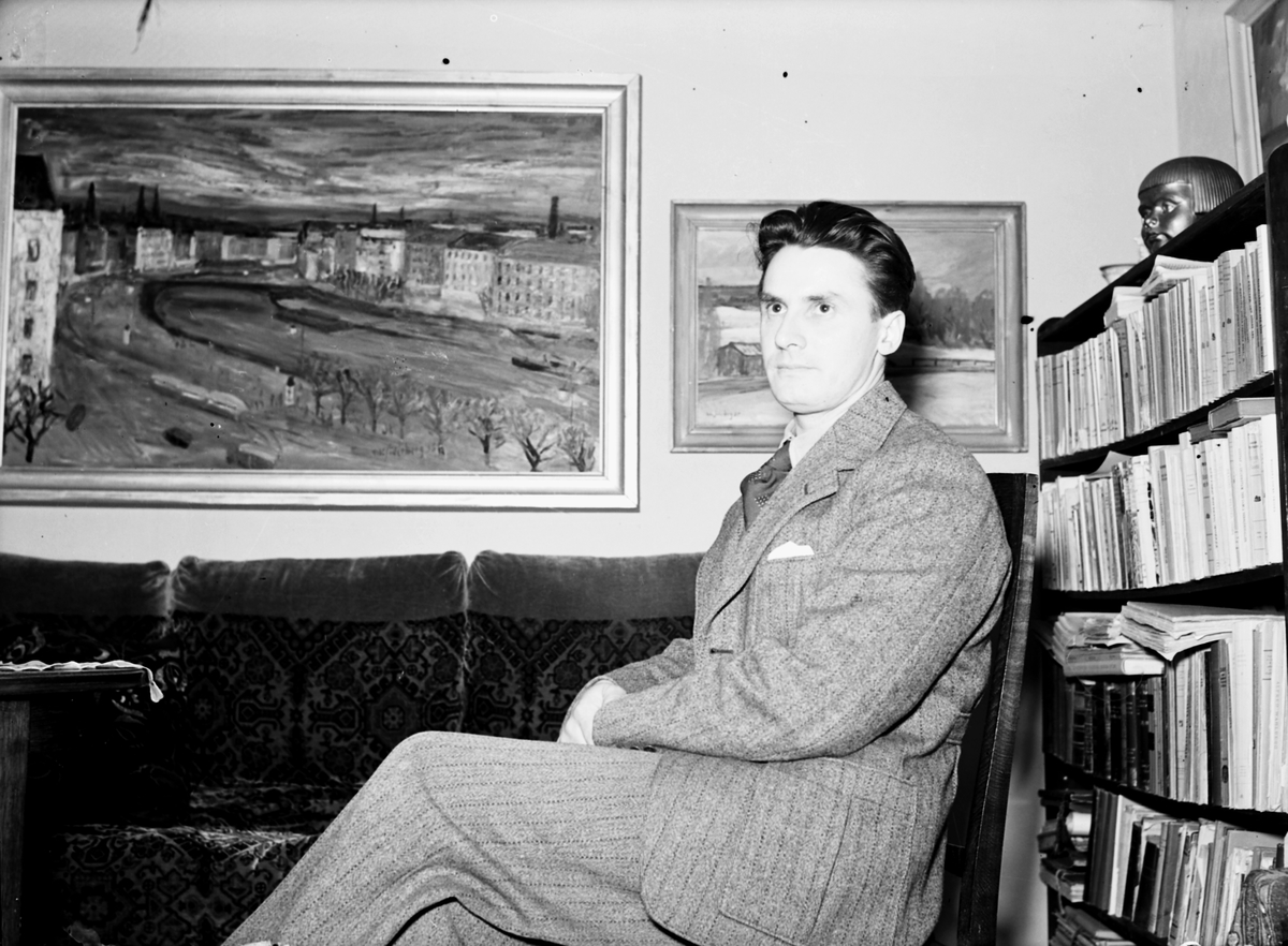 Konstnär Nils Söderberg. Interiör av stugan. Februari 1941.