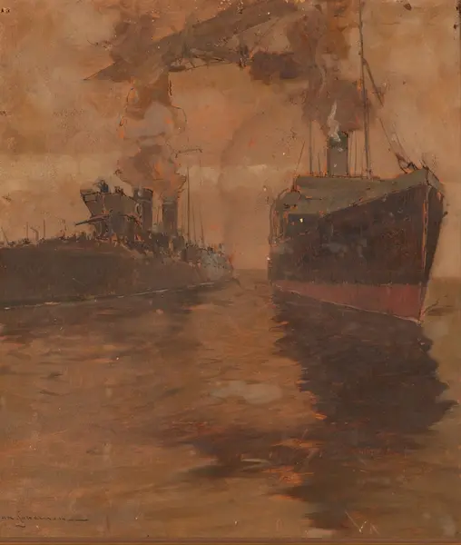 Torpedbåt och handelsfartyg.