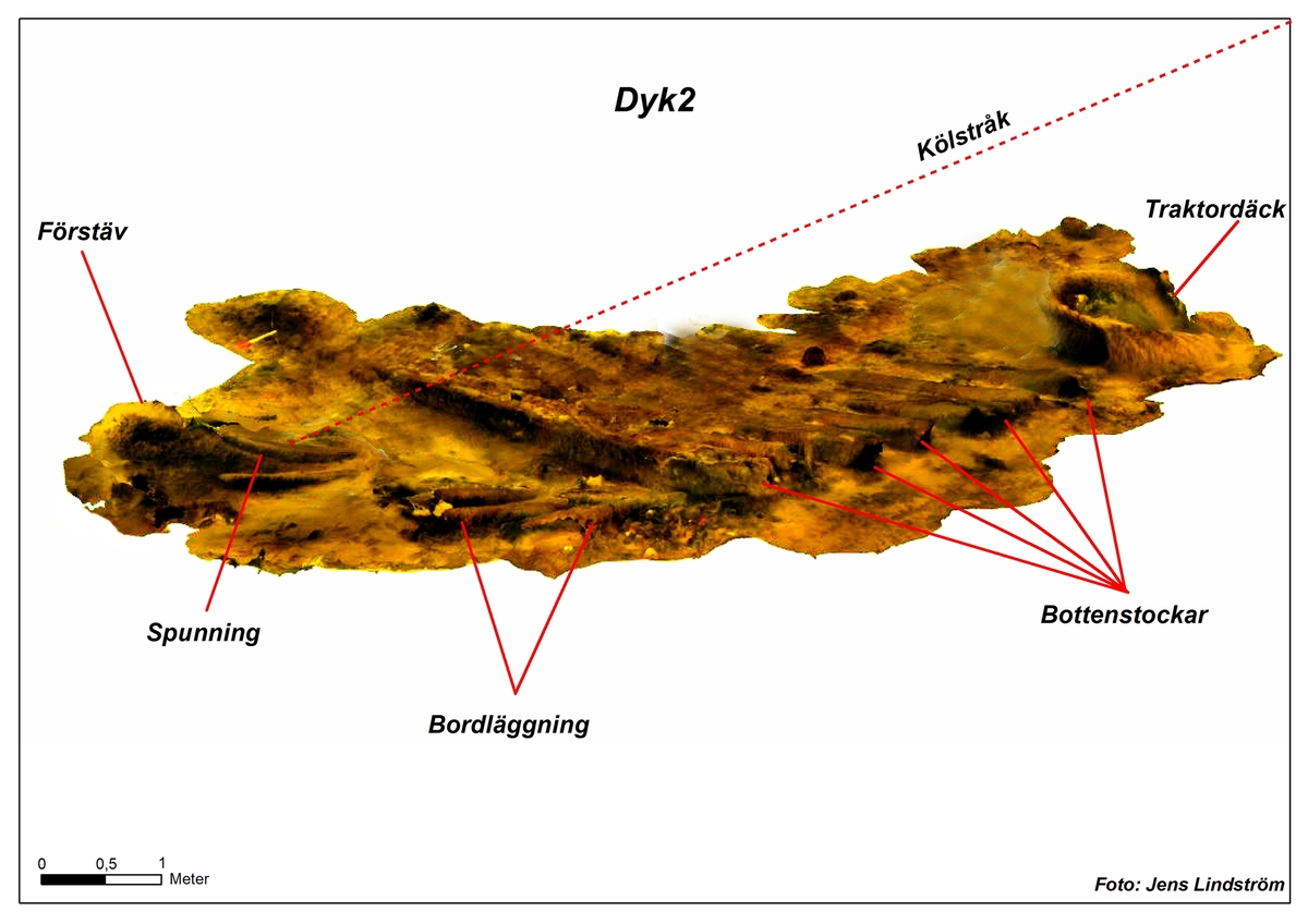3D plan över Dyk 2 med den urfasade delen i förstäven som kallas för spunning. I detta spår passades bordläggningen