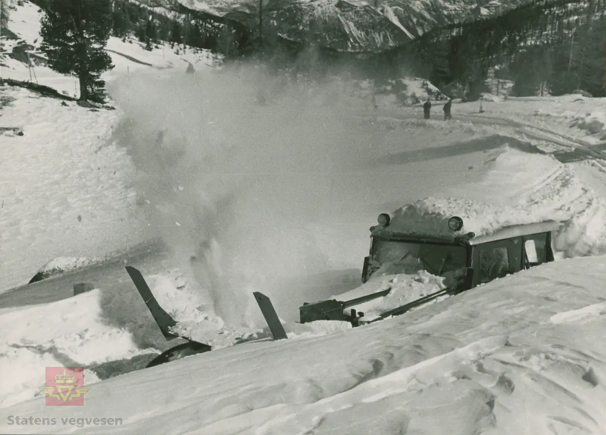Demonstrasjon av Willys Jeep med freseaggregat. Enkeltbilde i Colbjørnsens album som er merket Edizioni Fotografiche G.Ghedina-Cortina 1950-1954. Sannsynligvis er  bilde NVM 00-F-34404 fra samme tid og sted.