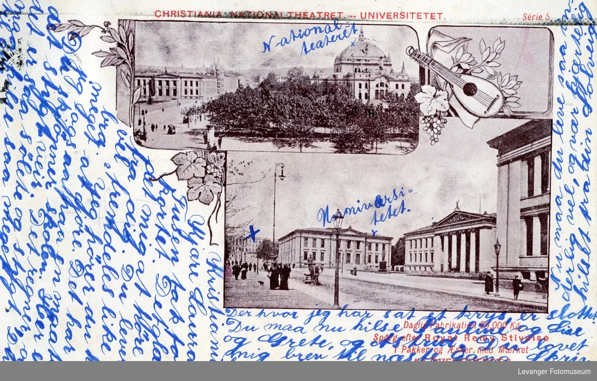 Postkort med motiv fra Christiania Theater og Universitetet i Oslo.