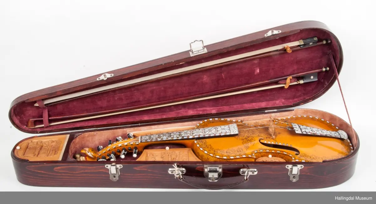 Lokket er utskjært med drake og båndslynginger.  Utskjæringer inne i felekassen.  5 rom med lokk i kassen.  3 lokk har utskjæringer med motiver fra hallingdans.  
Skaftet er besatt med perlemor, rosetegning i sort, dyrehode øverst på skaftet.  4 strenger over og 4 strenger under strengbrettet.  2 felebuer rødbrun mahogni.  Fela se HFN 03210.